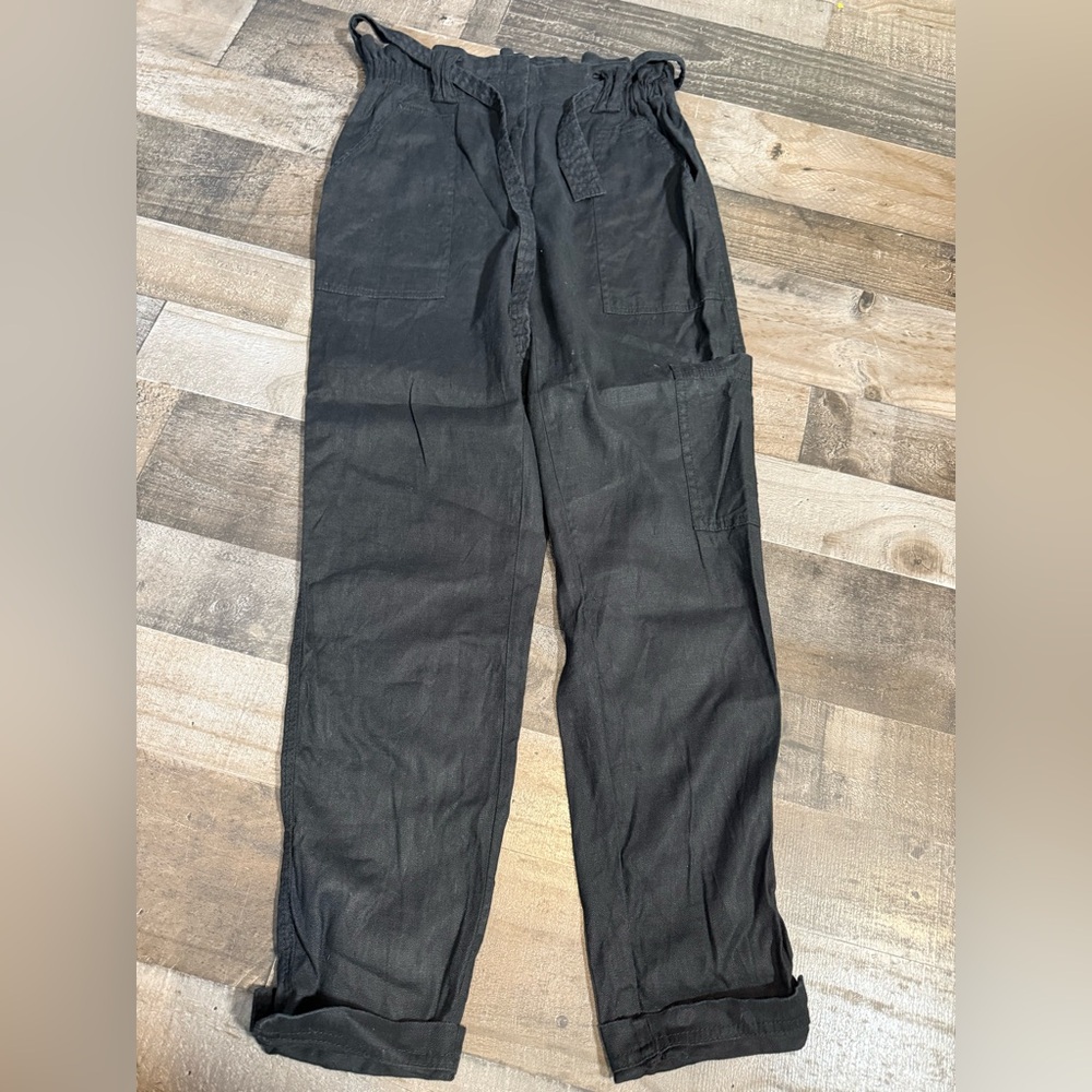 Anthropologie Elevenses Black Linen‎ Waist Tie Pants- Small